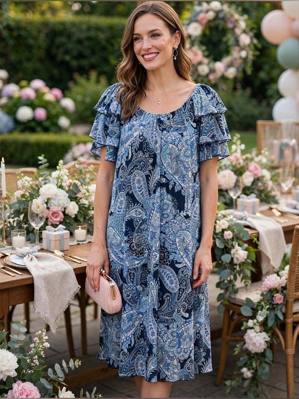 Navy Paisley Midi Dress with Ruffle Sleeves